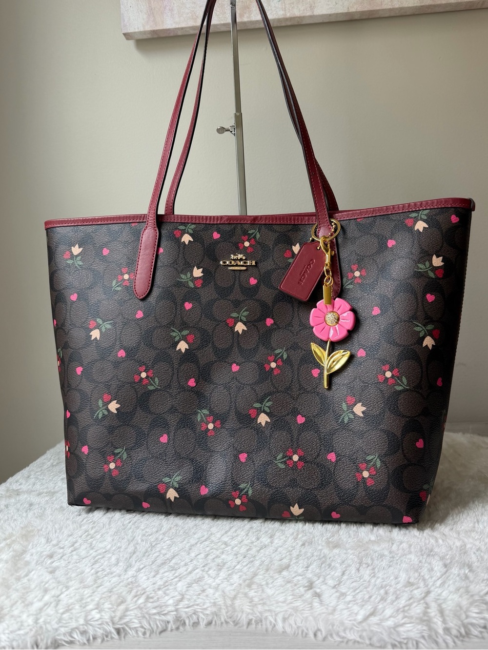 Coach City Tote Bag In Signature Canvas With Heart Petal Print and charm